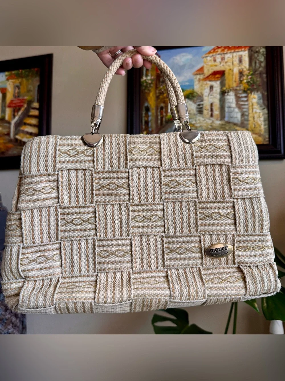Meucci Italian Woven Shoulder HandBag Purse Tan Gold